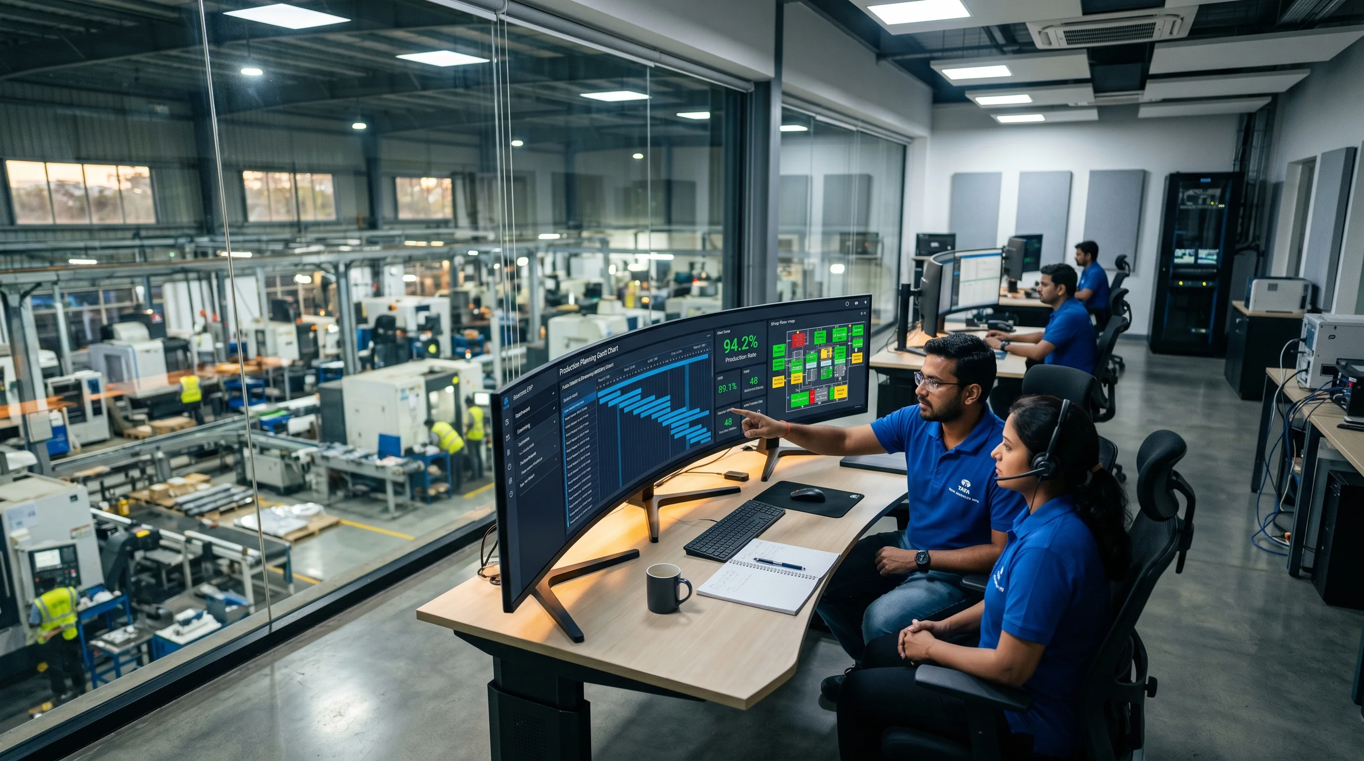 NTechnoSolution engineers reviewing ERP production dashboard — manufacturing ERP deployment in India