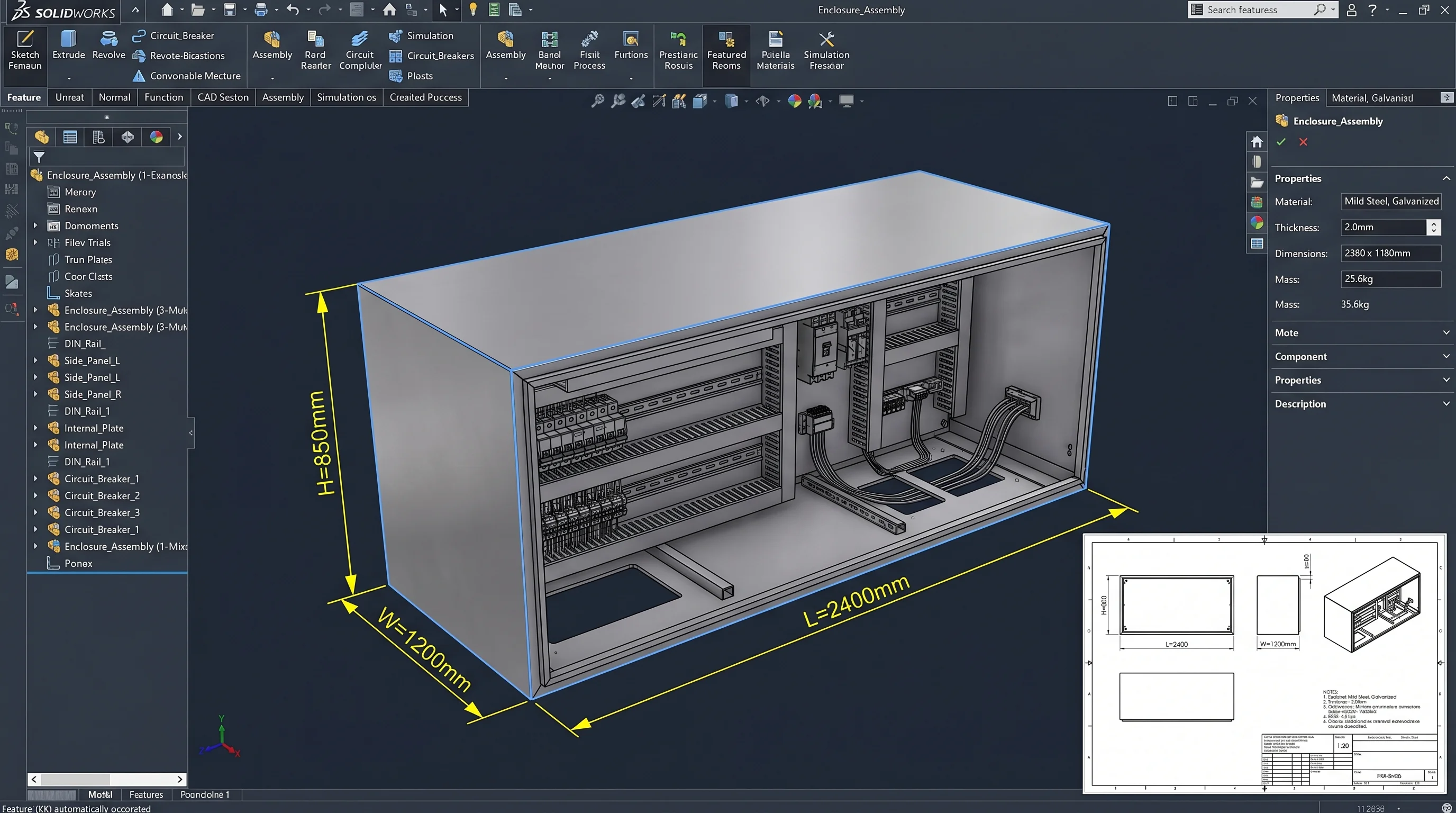 SolidWorks enclosure model — alternate view with feature tree