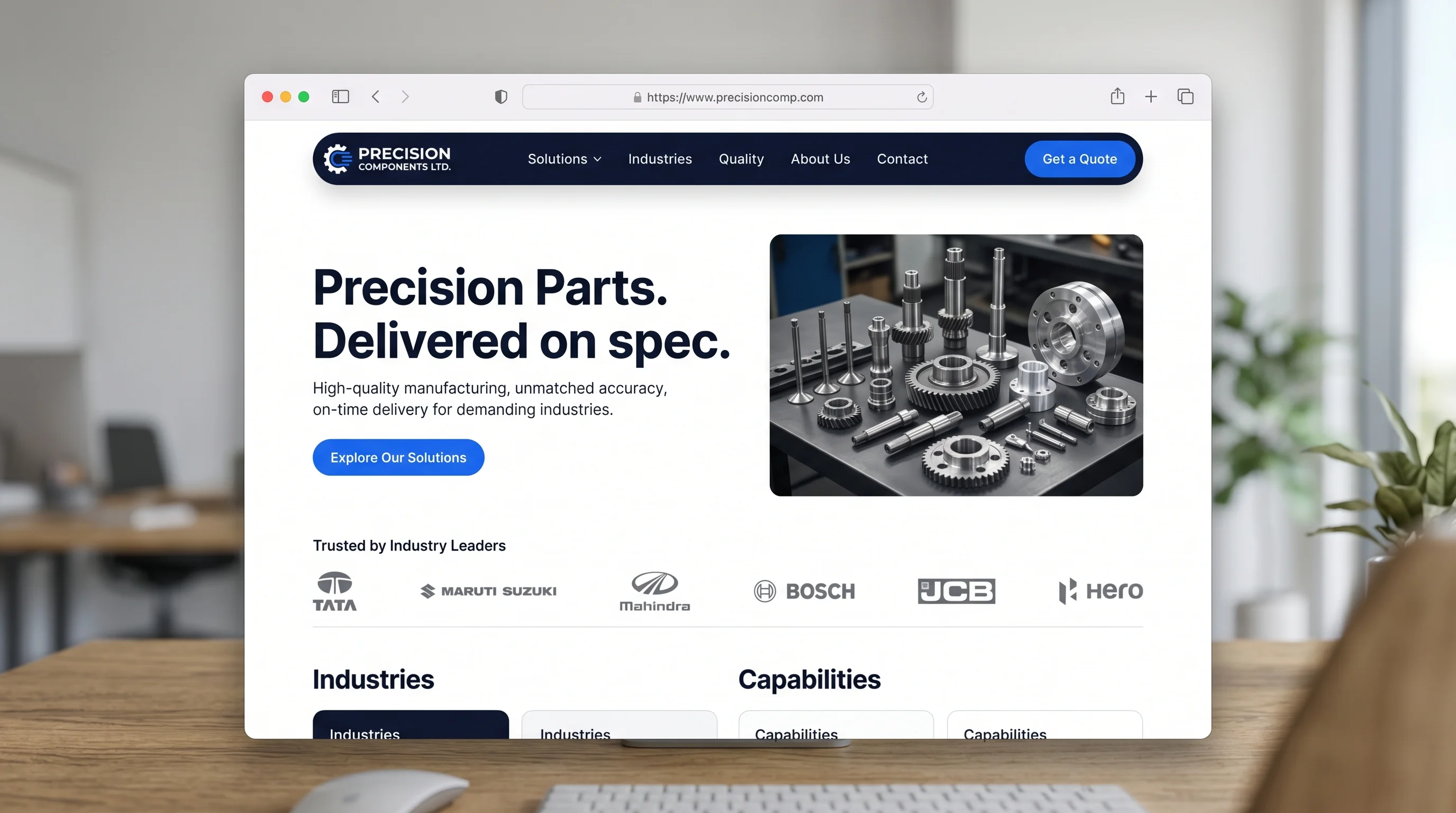 Browser mockup showing a manufacturing company website — NTechnoSolution web design
